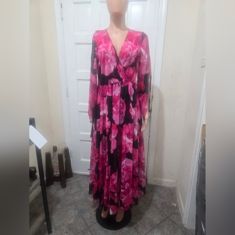Vibrant Pink Floral Long Sleeve Dress